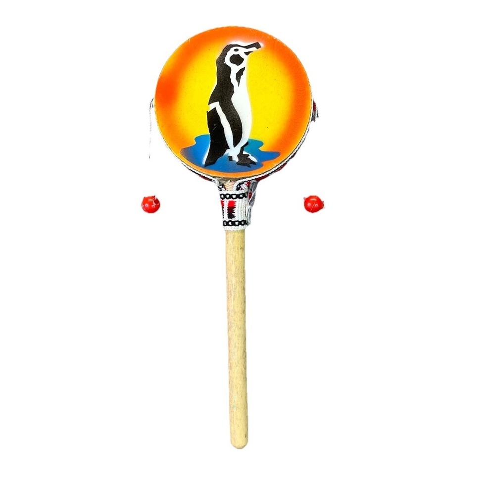 Spin Drum Wood Handle Penguin Spirit Bead Dance Beat Percussion Toy